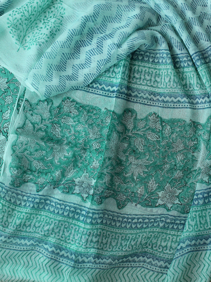 Green Bagru Hand Block Printed Dress Material With Chiffon Dupatta