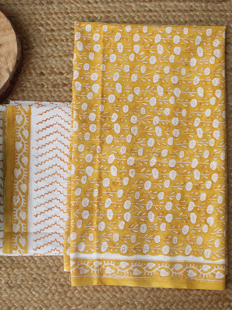 Mustard Bagru Hand Block Printed Dress Material With Chiffon Dupatta