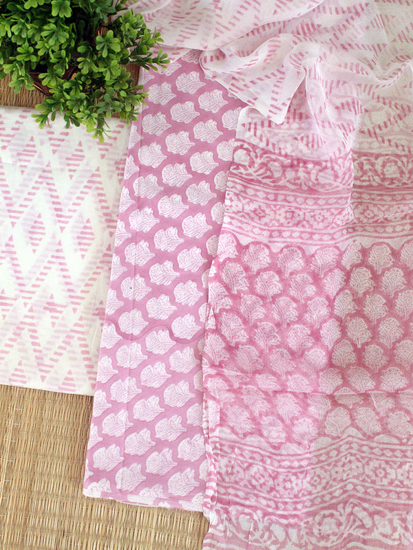 Pink Bagru Hand Block Printed Dress Material With Chiffon Dupatta