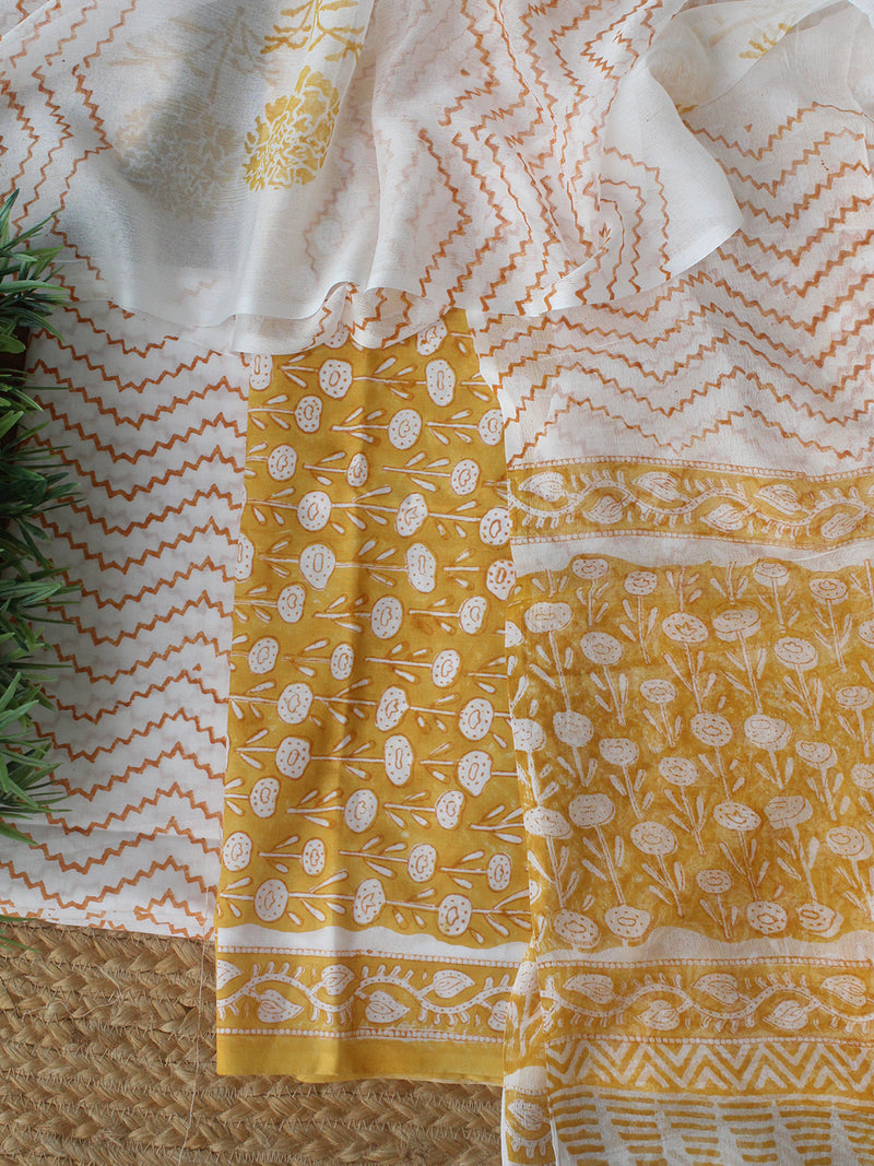 Mustard Bagru Hand Block Printed Dress Material With Chiffon Dupatta