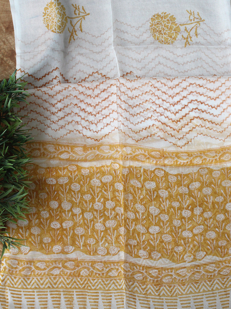 Mustard Bagru Hand Block Printed Dress Material With Chiffon Dupatta