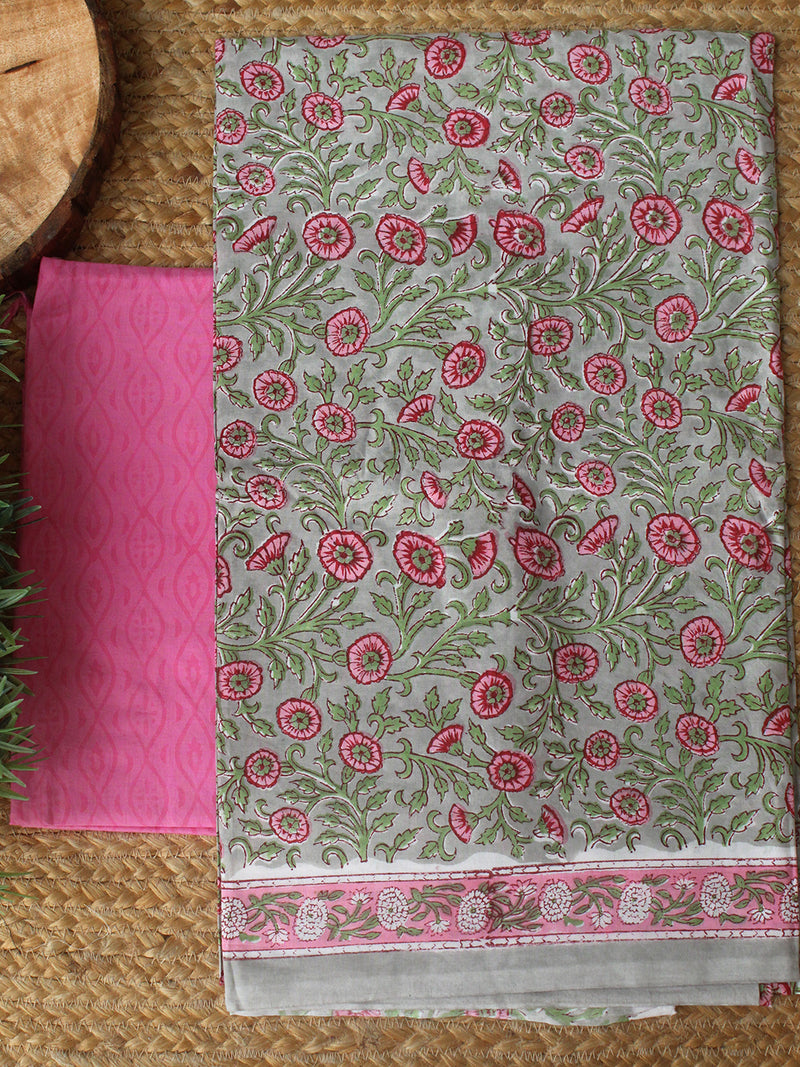 Grey Hand Block Printed Dress Material With Cotton Dupatta