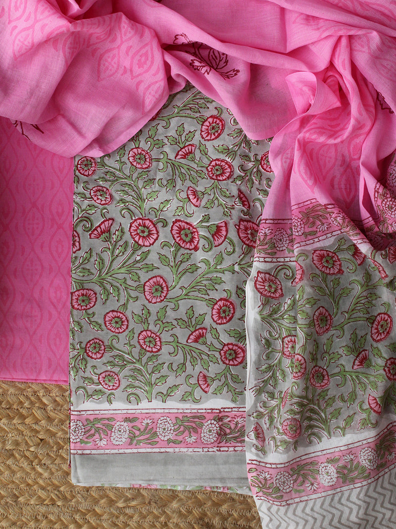 Grey Hand Block Printed Dress Material With Cotton Dupatta