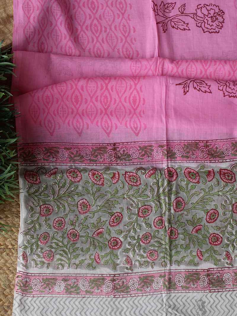 Grey Hand Block Printed Dress Material With Cotton Dupatta