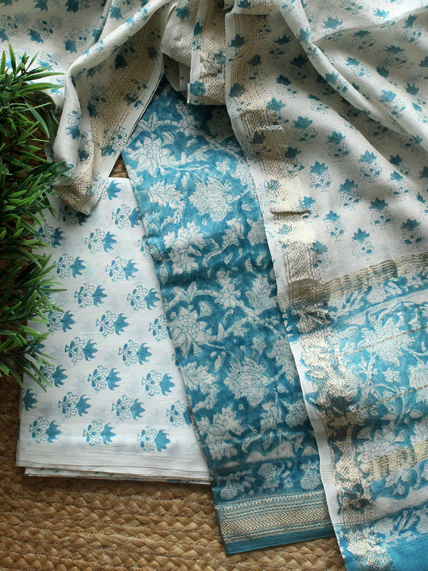 Blue Hand Block Printed Maheshwari Dress Material