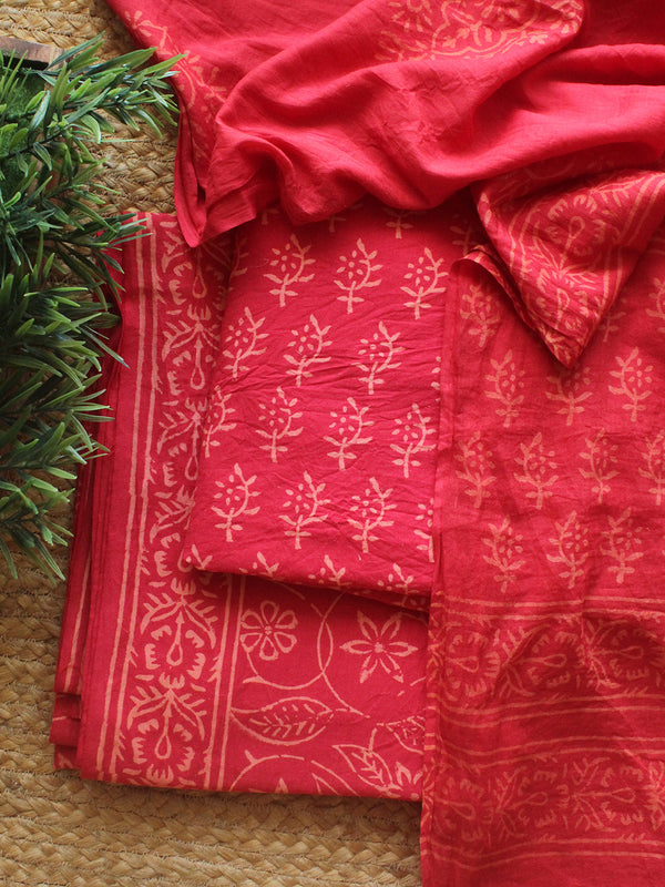 Red Bagru Hand Block Printed Dress Material