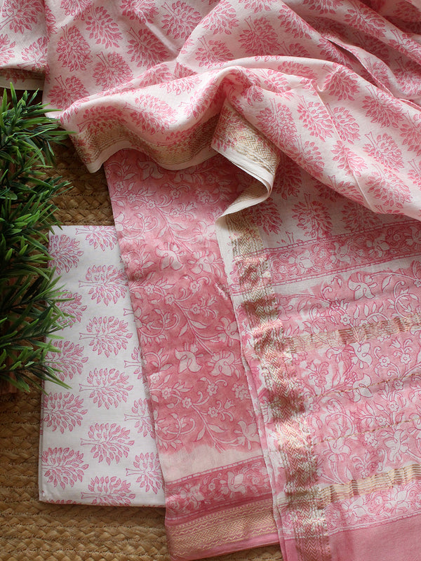 Peach Hand Block Printed Maheshwari Dress Material