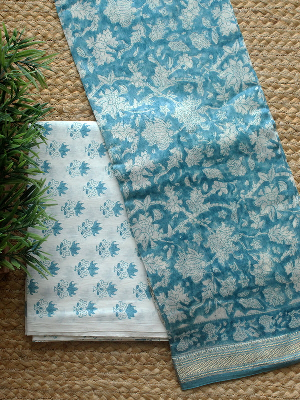 Blue Hand Block Printed Maheshwari Dress Material