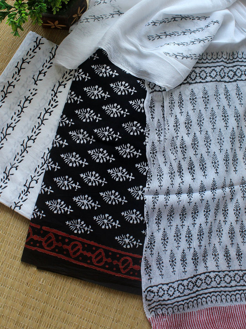 Black and White Bagru Hand Block Printed Dress Material With Chiffon D Weaves of Tradition Black and White Bagru Hand Block Printed Dress Material With Chiffon D Weaves of Tradition