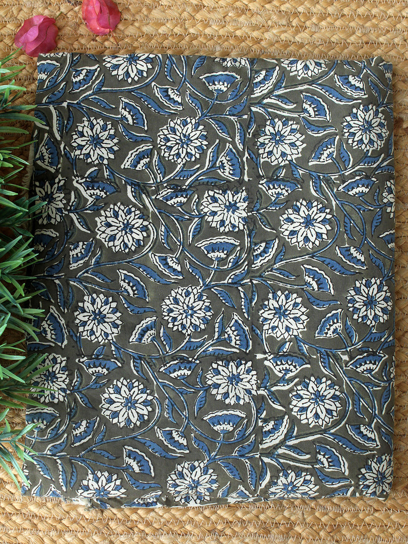Grey Ajrakh Hand Block Printed Cotton Fabric