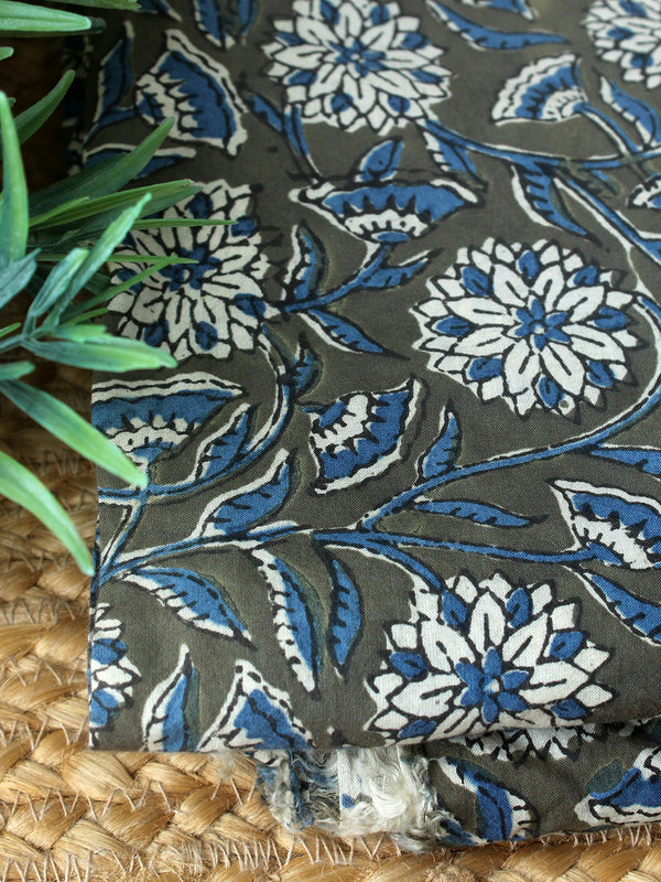 Grey Ajrakh Hand Block Printed Cotton Fabric