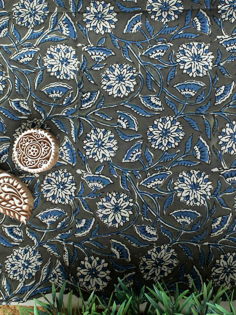 Grey Ajrakh Hand Block Printed Cotton Fabric