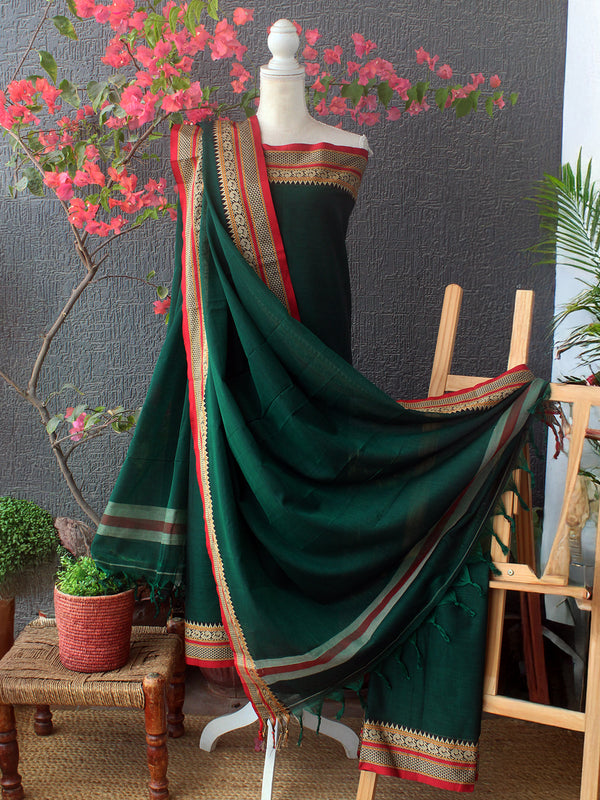 Green Dharwad Cotton Dress Material With Woven Borders