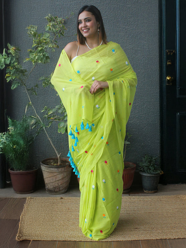 Green Embroidered Mul Mul Cotton Saree