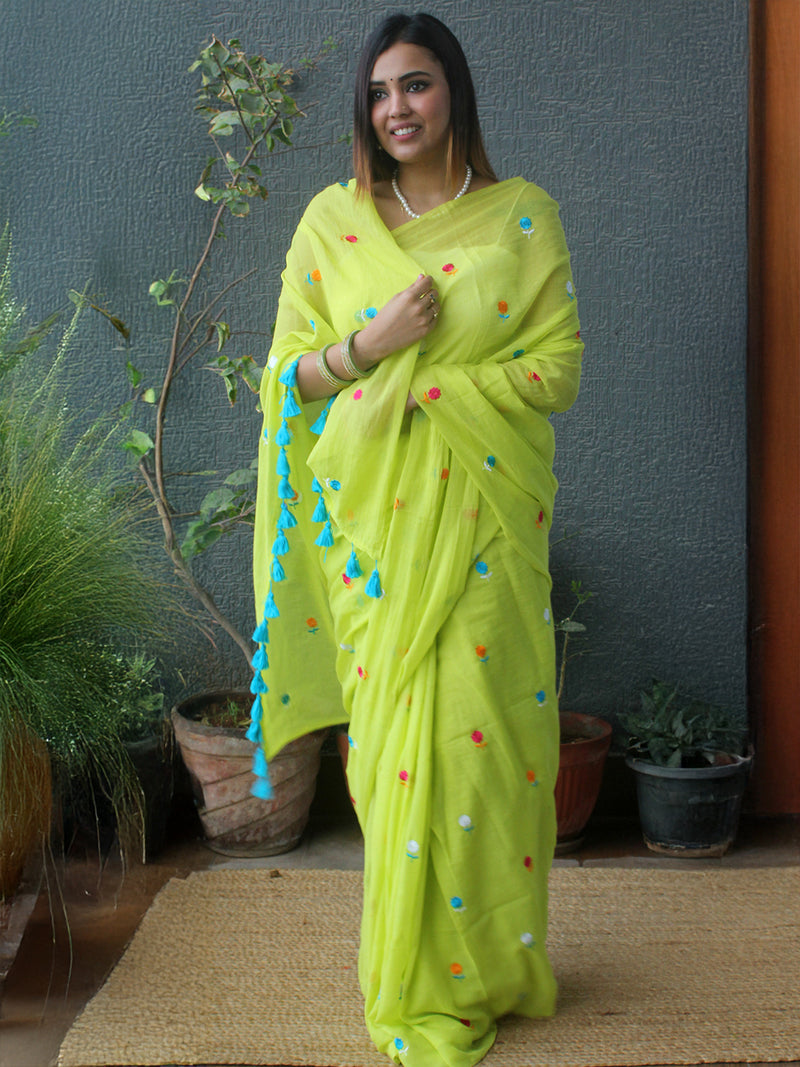 Green Embroidered Mul Mul Cotton Saree