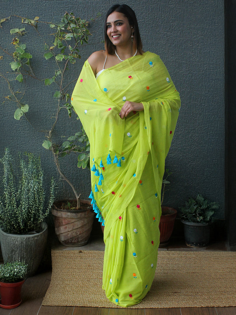 Green Embroidered Mul Mul Cotton Saree