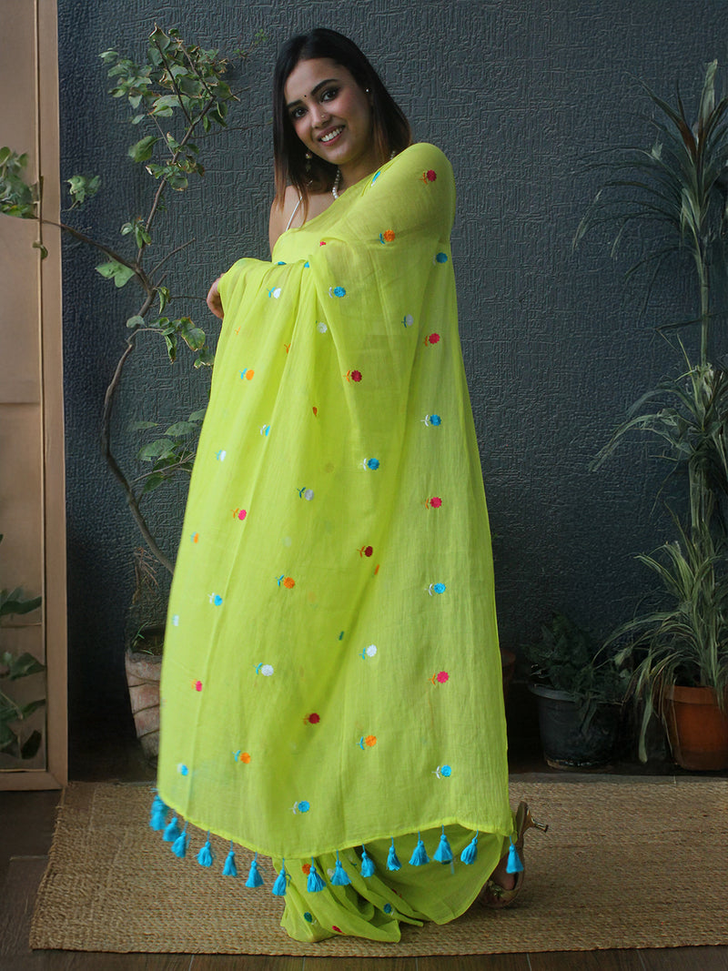 Green Embroidered Mul Mul Cotton Saree