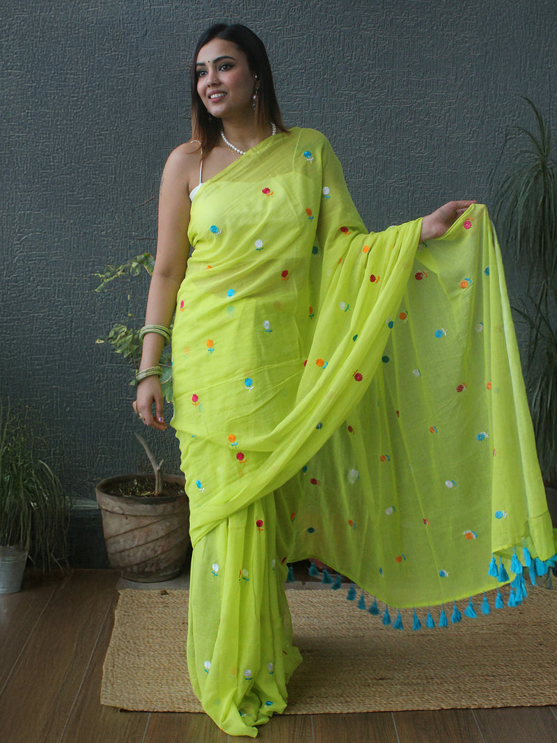 Green Embroidered Mul Mul Cotton Saree