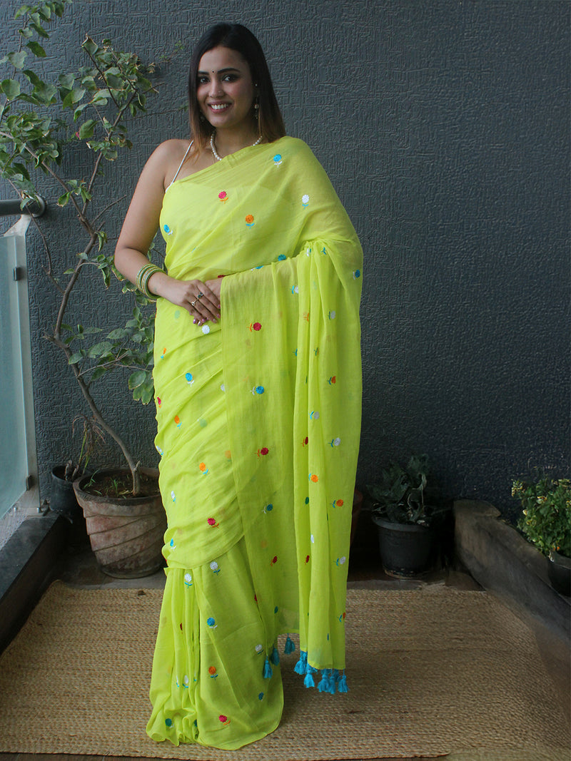 Green Embroidered Mul Mul Cotton Saree