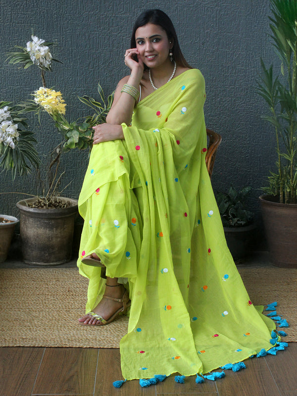 Green Embroidered Mul Mul Cotton Saree