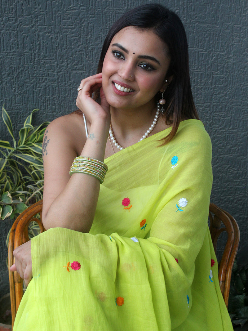 Green Embroidered Mul Mul Cotton Saree