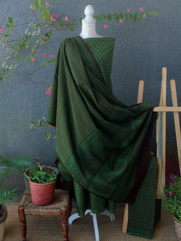 Green Bagh Hand Block Printed Pure Cotton Dress Material