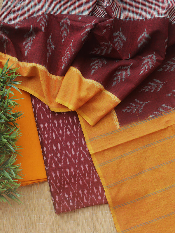 Brown and Mustard Ikkat Handloom Cotton Dress Material