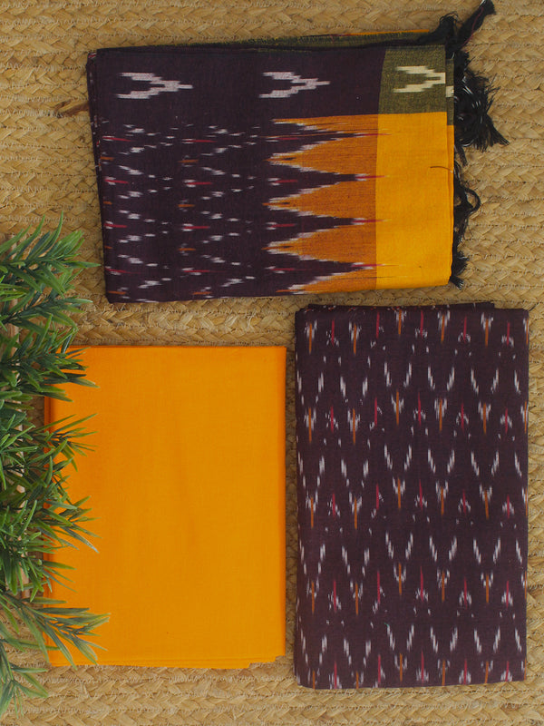 Brown and Mustard Pochampally Ikkat Cotton Dress Material
