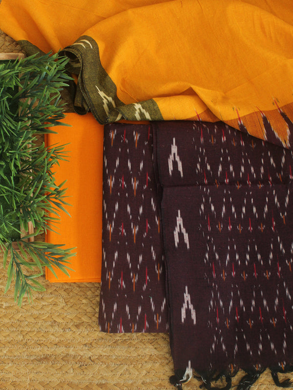 Brown and Mustard Pochampally Ikkat Cotton Dress Material