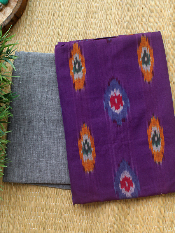 Purple and Grey Ikkat Handloom Cotton Dress Material