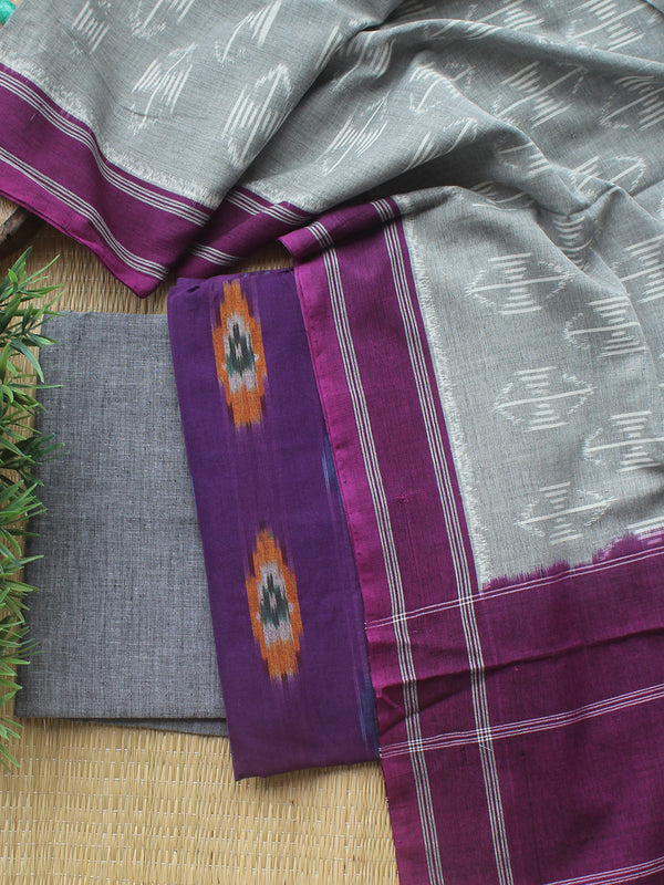 Purple and Grey Ikkat Handloom Cotton Dress Material