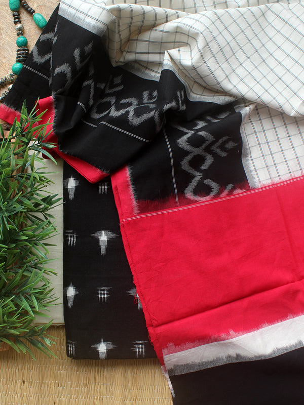 Black and Off-White Ikkat Handloom Cotton Dress Material