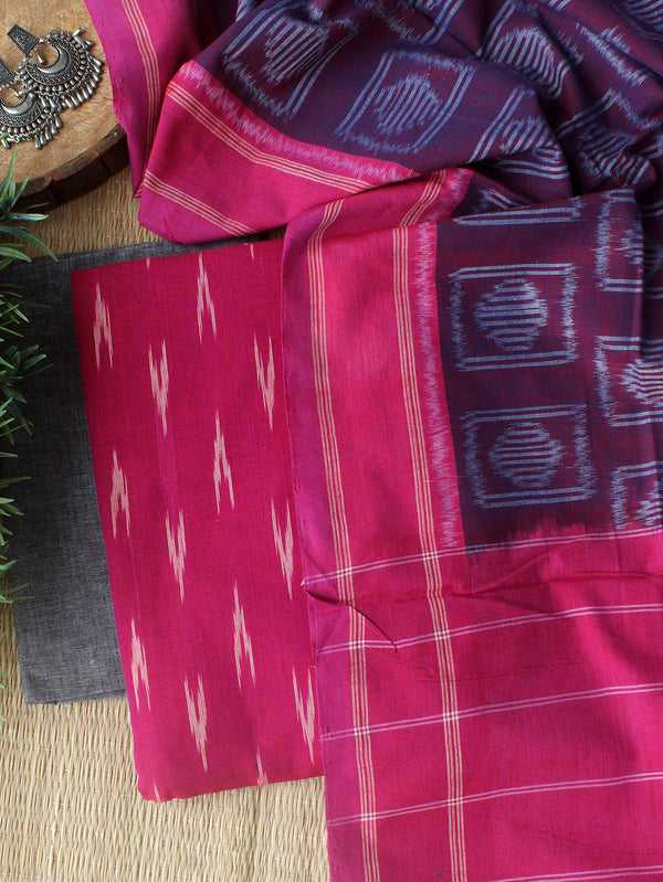 Magenta and Purple Ikkat Handloom Cotton Dress Material