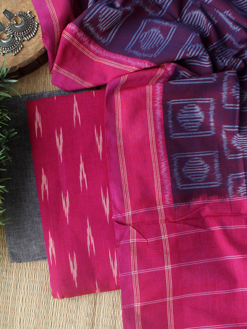 Magenta and Purple Ikkat Handloom Cotton Dress Material
