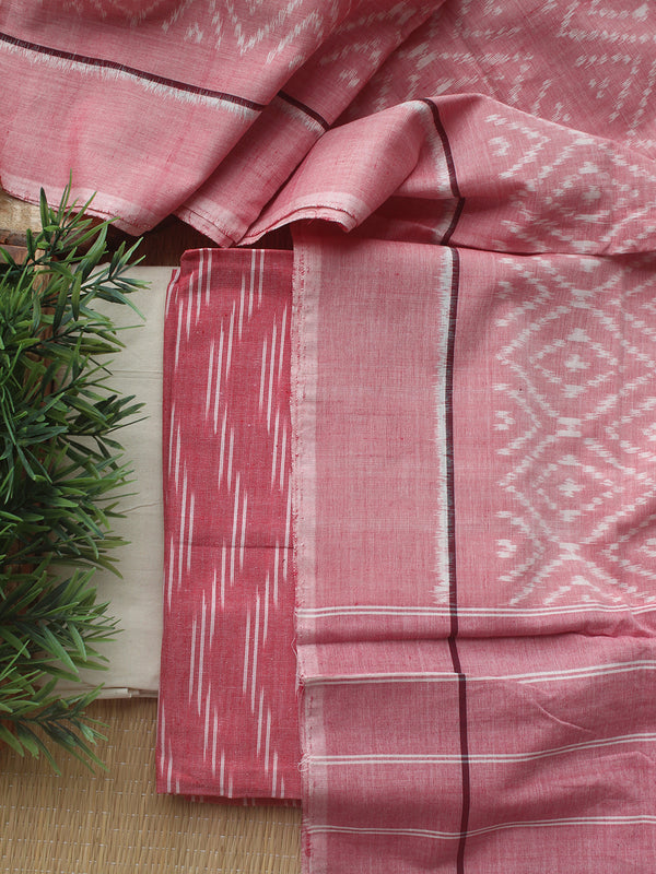 Pink and Off-White Ikkat Handloom Cotton Dress Material