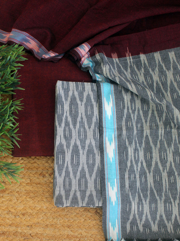 Grey and Maroon Pochampally Ikkat Cotton Dress Material