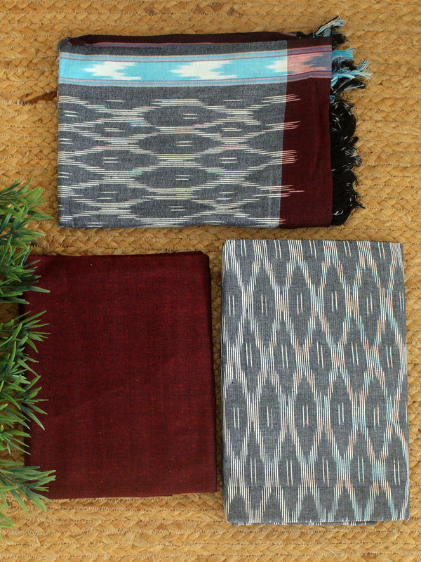 Grey and Maroon Pochampally Ikkat Cotton Dress Material
