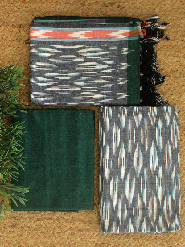 Grey and Green Pochampally Ikkat Cotton Dress Material