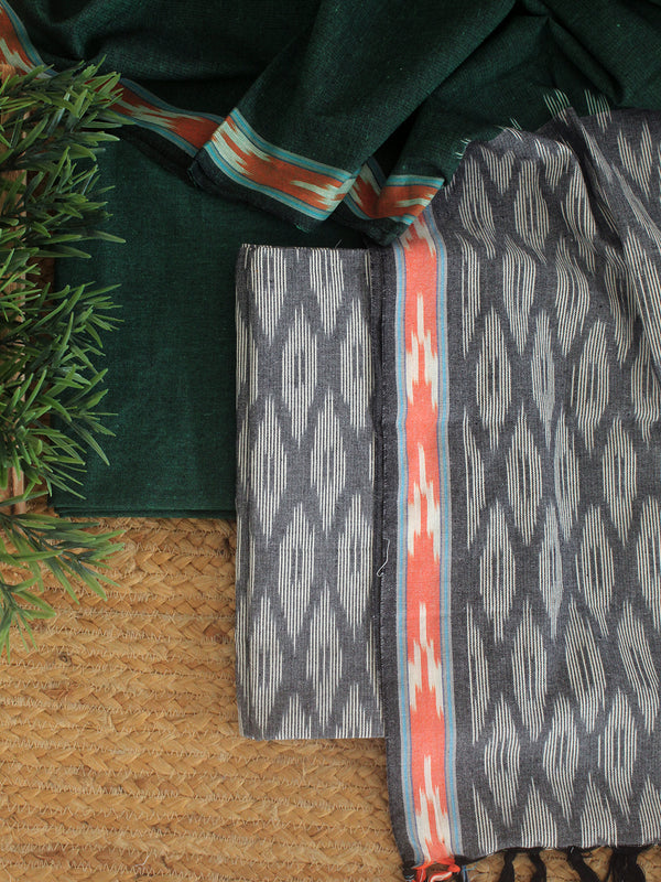 Grey and Green Pochampally Ikkat Cotton Dress Material