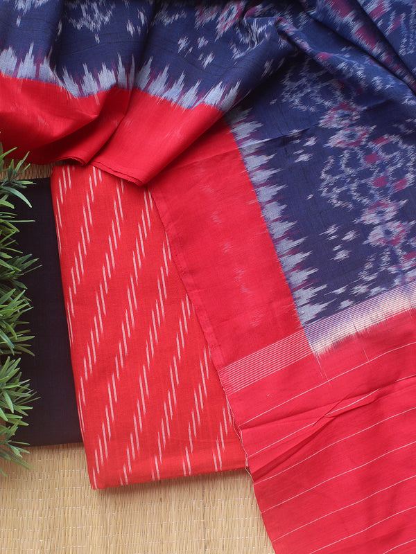 Red and Blue Ikkat Handloom Cotton Dress Material