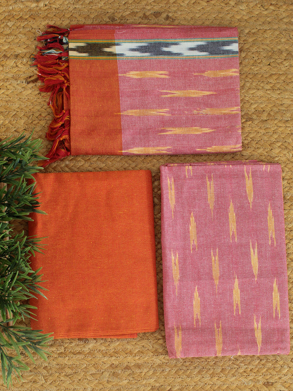Pink and Orange Pochampally Ikkat Cotton Dress Material