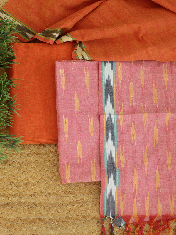 Pink and Orange Pochampally Ikkat Cotton Dress Material