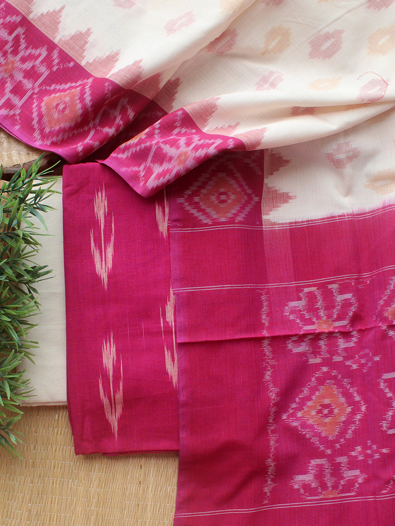 Magenta and Off-White Ikkat Handloom Cotton Dress Material