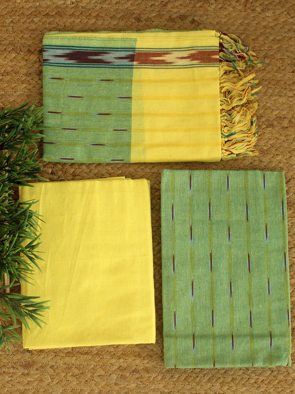 Green and Yellow Pochampally Ikkat Cotton Dress Material