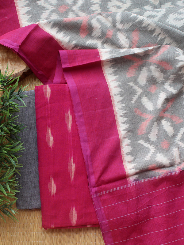 Magenta and Grey Ikkat Handloom Cotton Dress Material