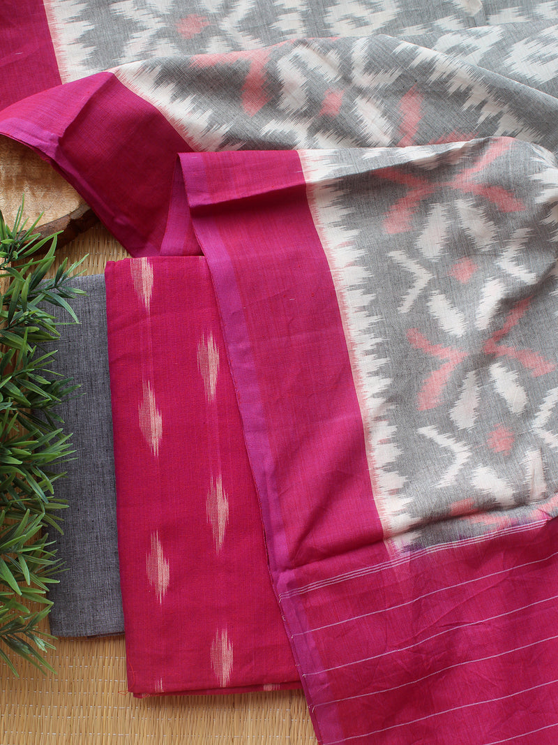 Magenta and Grey Ikkat Handloom Cotton Dress Material