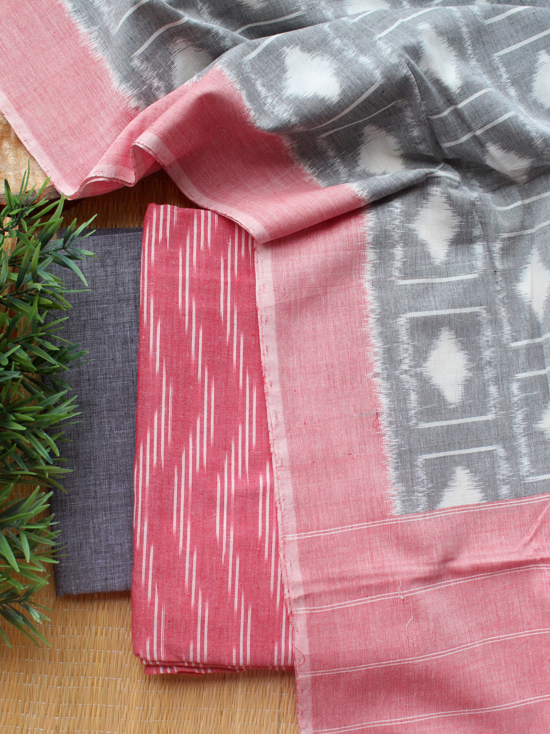 Pink and Grey Ikkat Handloom Cotton Dress Material