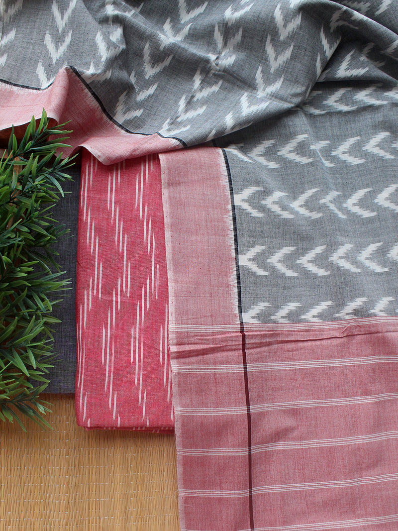 Pink and Grey Ikkat Handloom Cotton Dress Material