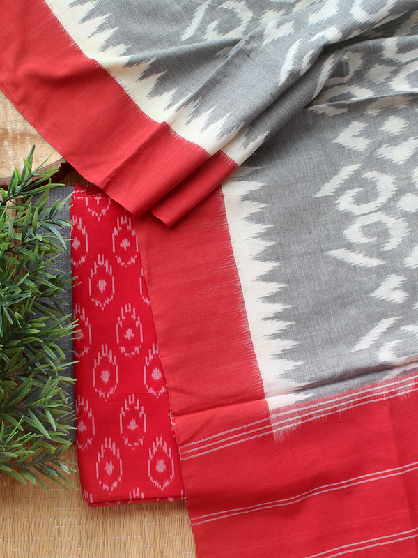 Red and Grey Ikkat Handloom Cotton Dress Material