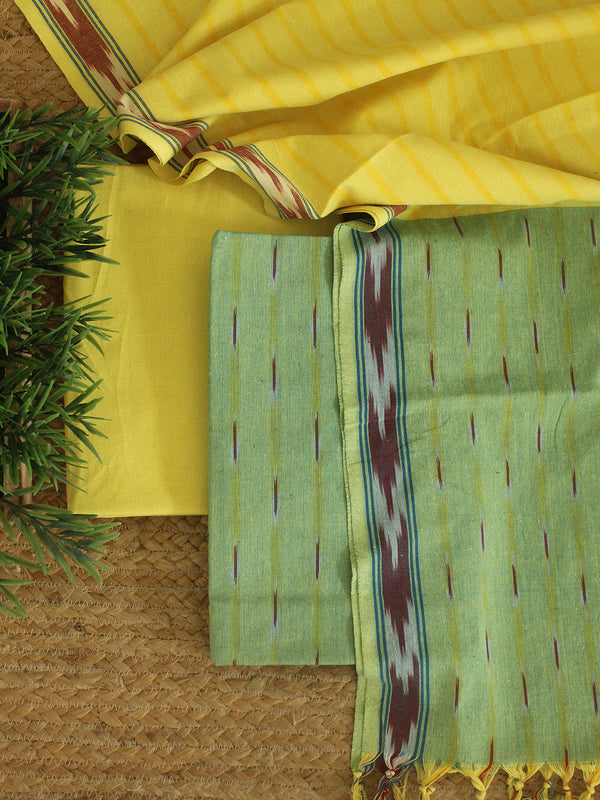 Green and Yellow Pochampally Ikkat Cotton Dress Material